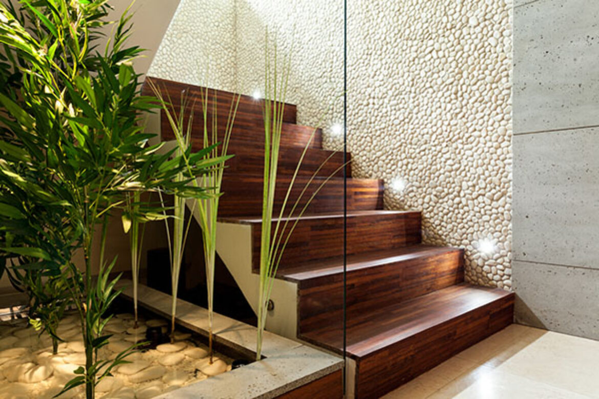 Illuminated,Wooden,Staircase,In,Modern,House,,Horizontal