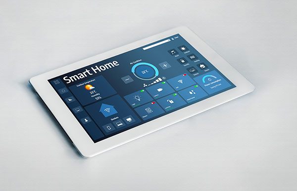 Smart home technology, centric remote control system with digital dashboard for air conditioning, safety security network or house automation. App software, ui panel programming IOT monitor snugly